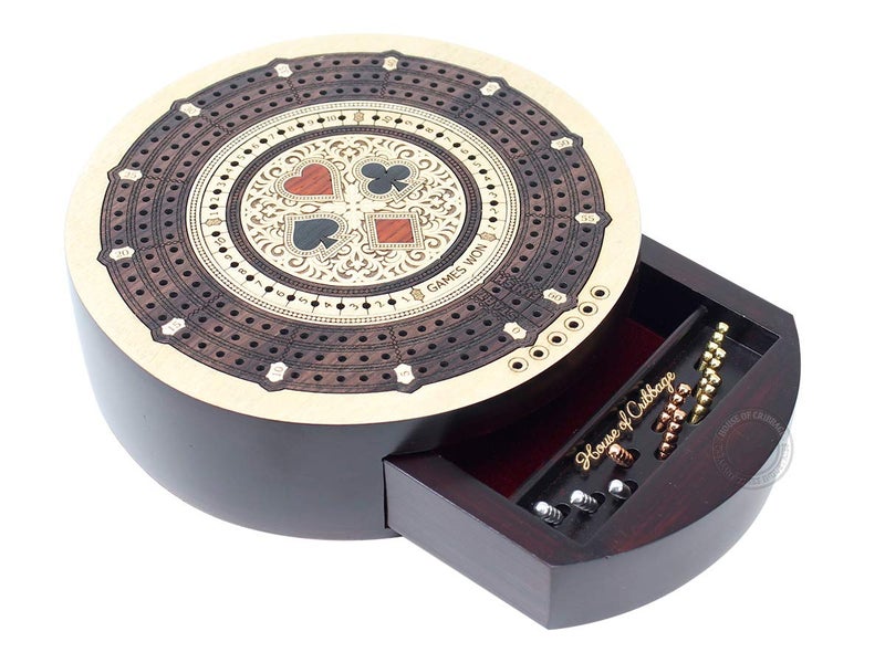House of Cribbage - Round Shape 3 Track Non-Continuous Cribbage Board - Push Drawer Storage for Pegs and 1 Deck of Cards with Score Marking Fields for Won Games (Maple Wood/Rosewood) - Image 1
